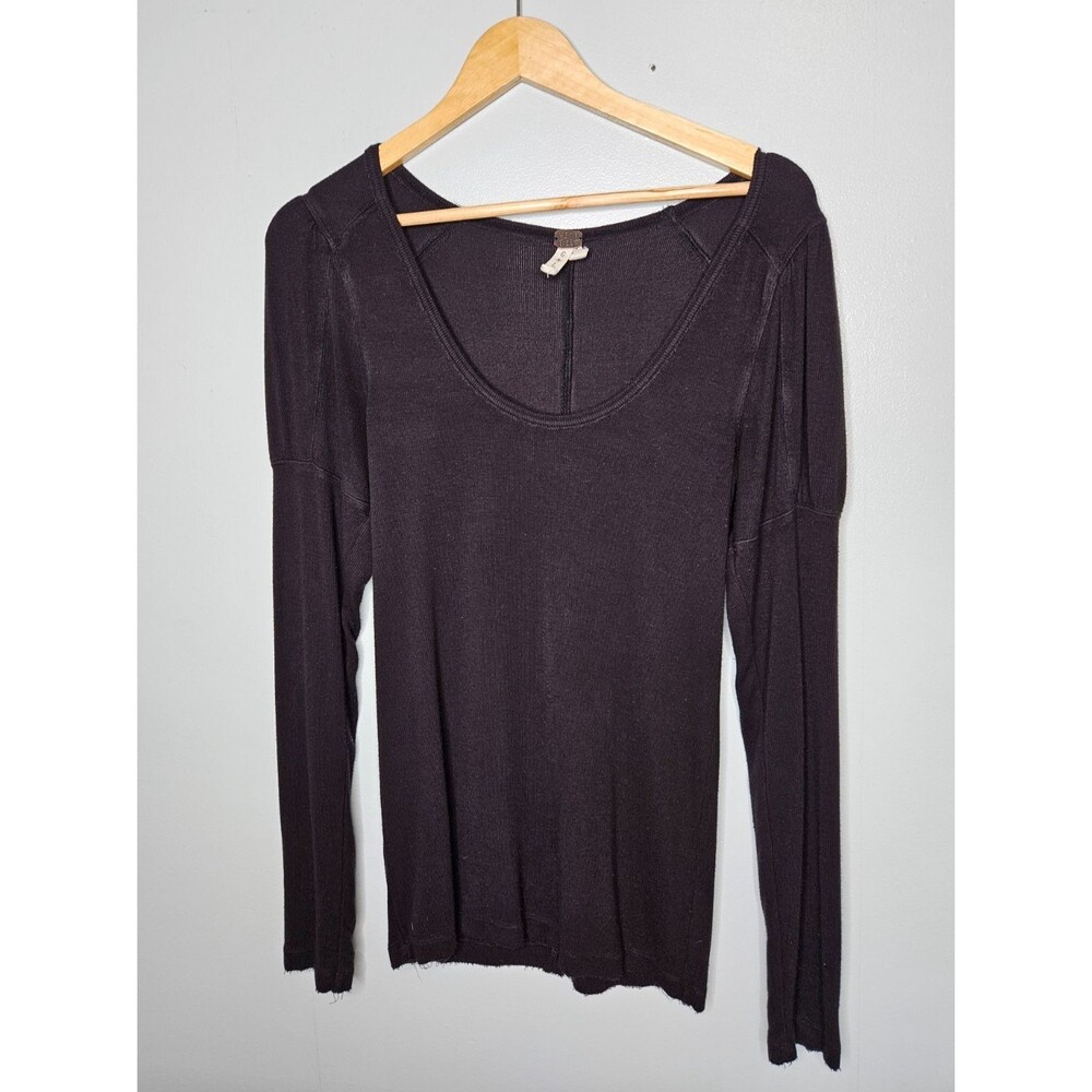 We The FREE PEOPLE Black Ribbed Fitted T-Shirt Large Long Sleeves Puff Shoulder